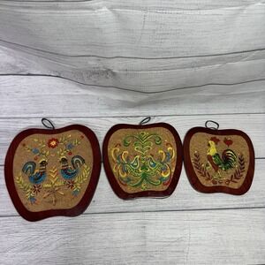3 Vintage Cork Pa Dutch Folk Art Hand Painted Trivets/Hot Pads Roosters/Birds